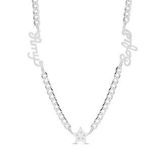 Sterling Silver CZ Two Name Script Center Star Curb Chain - 18 in.