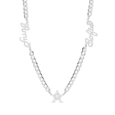 Sterling Silver CZ Two Name Script Center Star Curb Chain - 18 in.