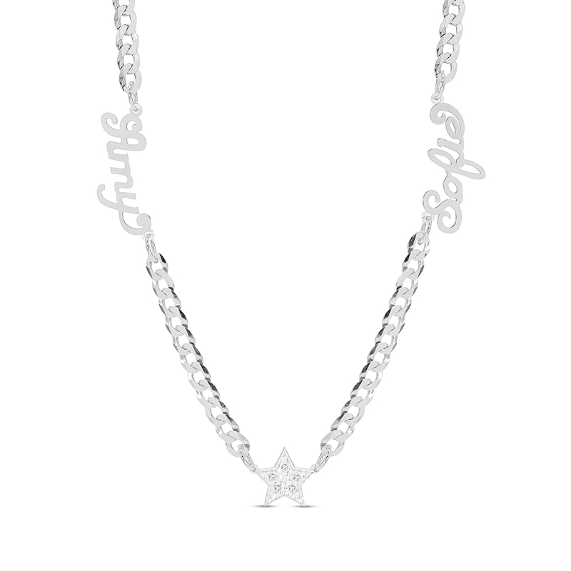 Sterling Silver CZ Two Name Script Center Star Curb Chain - 18 in.