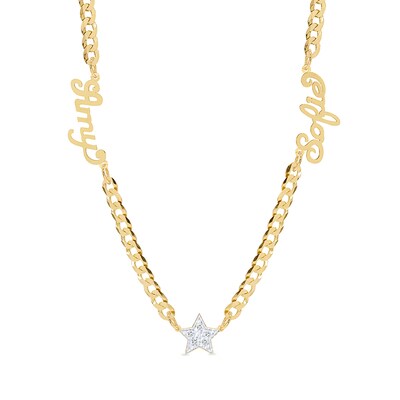 14K Gold Plated CZ Two Name Script Center Star Two-Tone Curb Chain - 18 in.