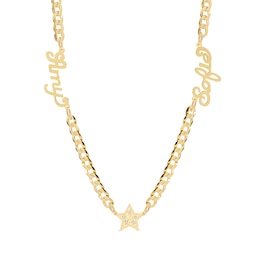 14K Gold Plated  CZ Two Name Script Center Star Curb Chain - 18 in.
