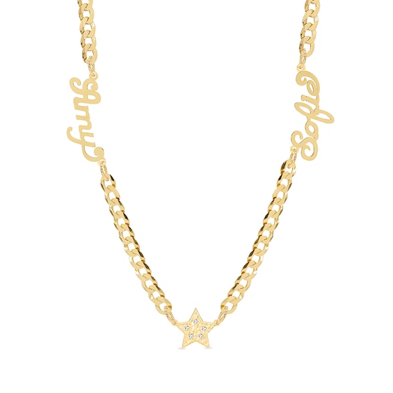 14K Gold Plated CZ Two Name Script Center Star Curb Chain - 18 in.