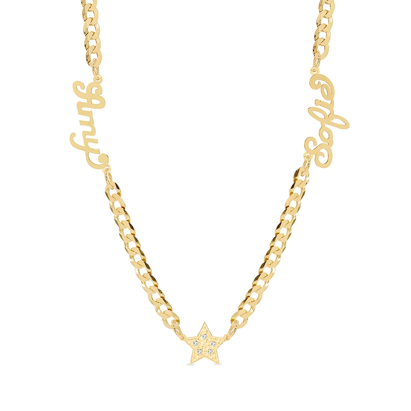 14K Gold Plated CZ Two Name Script Center Star Curb Chain - 18 in.