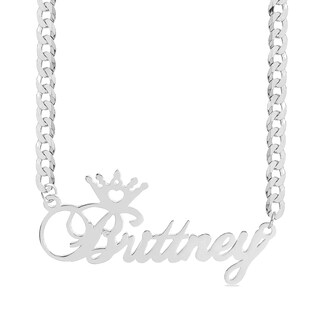 Sterling Silver Cursive Crown Name Curb Chain - 18"