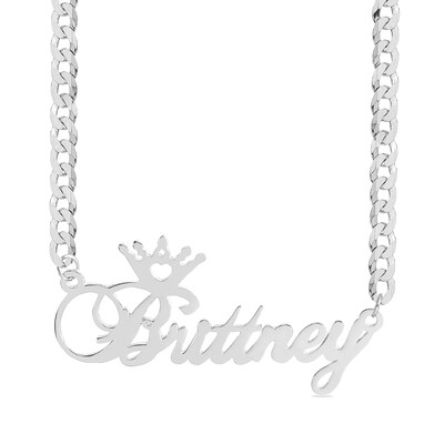 Sterling Silver Cursive Crown Name Curb Chain - 18"