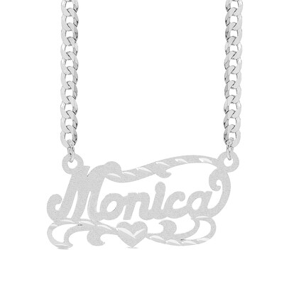 Sterling Silver Diamond Cut Script Ribbon Heart Nameplate Curb Chain - 18"