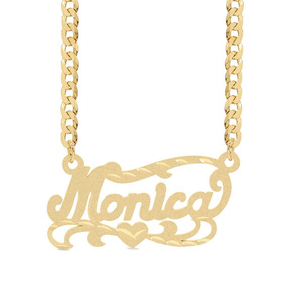 14K Gold Plated Diamond Cut Script Ribbon Heart Nameplate Curb Chain - 18"