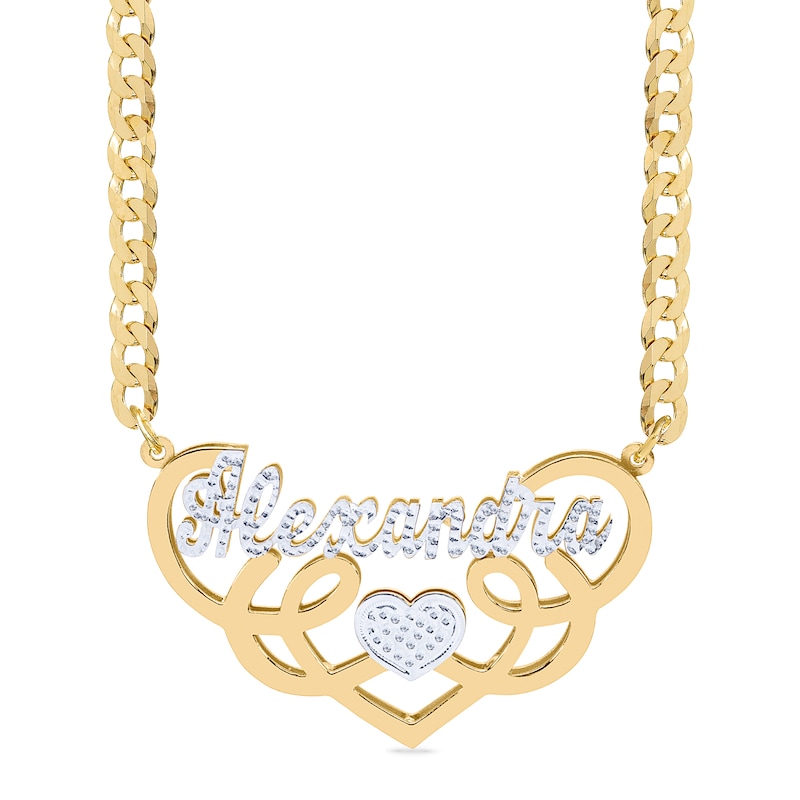 14K Gold Plated Script Heart Swirl Nameplate Two-Tone Curb Chain - 18"
