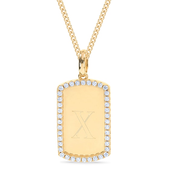 14K Gold Plated CZ Initial Dog Tag Pendant Necklace - 18"