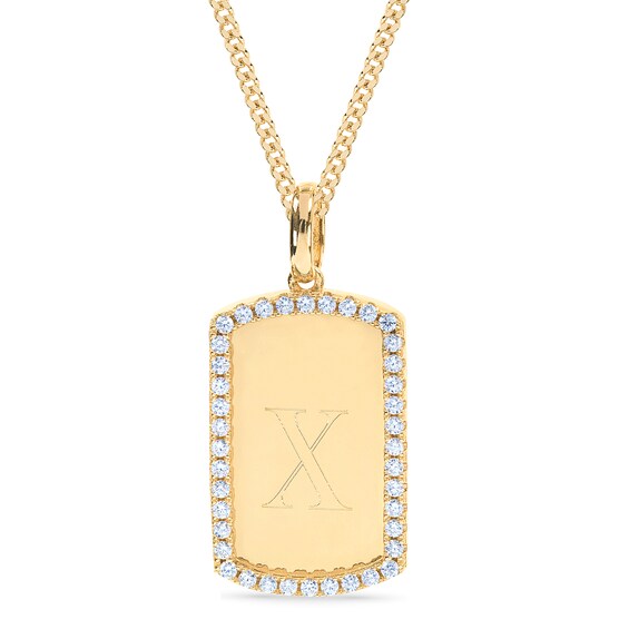 14K Gold Plated CZ Initial Dog Tag Pendant Necklace - 18"