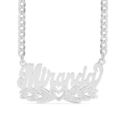 Sterling Silver 1/10 CT. T.W. Diamond Script Nameplate with Hearts Curb Chain - 18"