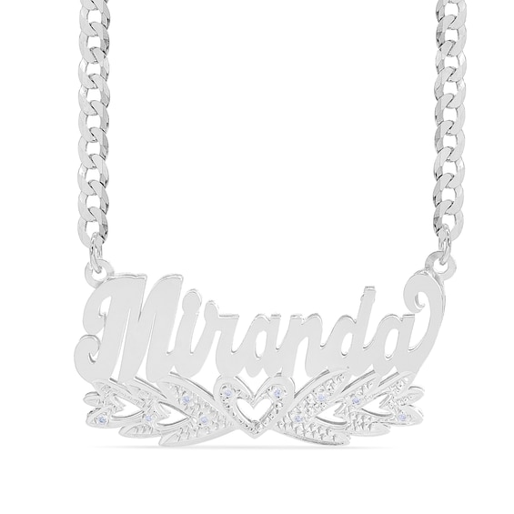 Sterling Silver 1/10 CT. T.W. Diamond Script Nameplate with Hearts Curb Chain - 18"