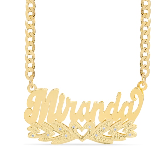 14K Gold Plated 1/10 CT. T.W. Diamond Script Nameplate with Hearts Curb Chain - 18"