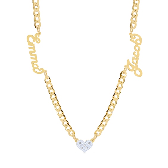 14K Gold Plated CZ Two Name Script Center Heart Two-Tone Curb Chain - 18 in.