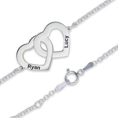 Sterling Silver Two Name Interlocking Hearts Bracelet - 7"