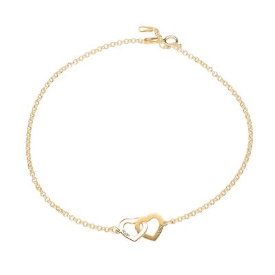 14K Gold Plated Two Name Interlocking Hearts Anklet - 10"
