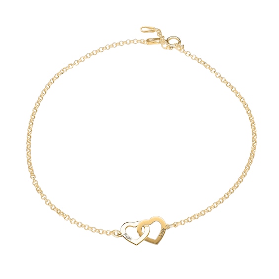 14K Gold Plated Two Name Interlocking Hearts Anklet - 10"