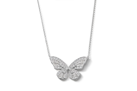 Sterling Silver CZ Butterfly Pendant Necklace - 16" + 2"