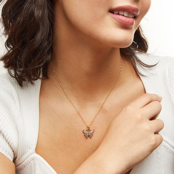 14K Gold Plated 1/20 CT. T.W. Diamond Small Butterfly Necklace Charm