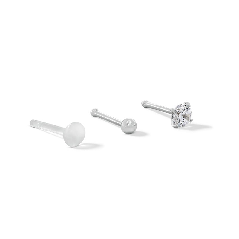 Main Image 1 of 14K Hollow and Semi-Solid White Gold CZ Nose Stud Set - 22G