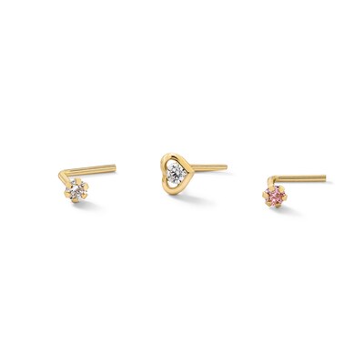 14K Solid Gold CZ Three Piece Nose Stud Set