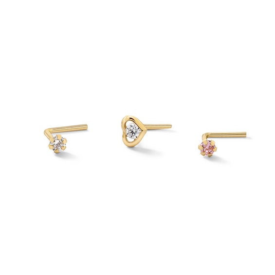 14K Solid Gold CZ Three Piece Nose Stud Set