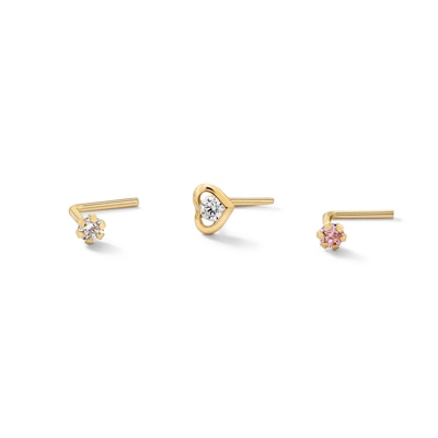 14K Solid Gold CZ Three Piece Nose Stud Set - 22G 1/4"