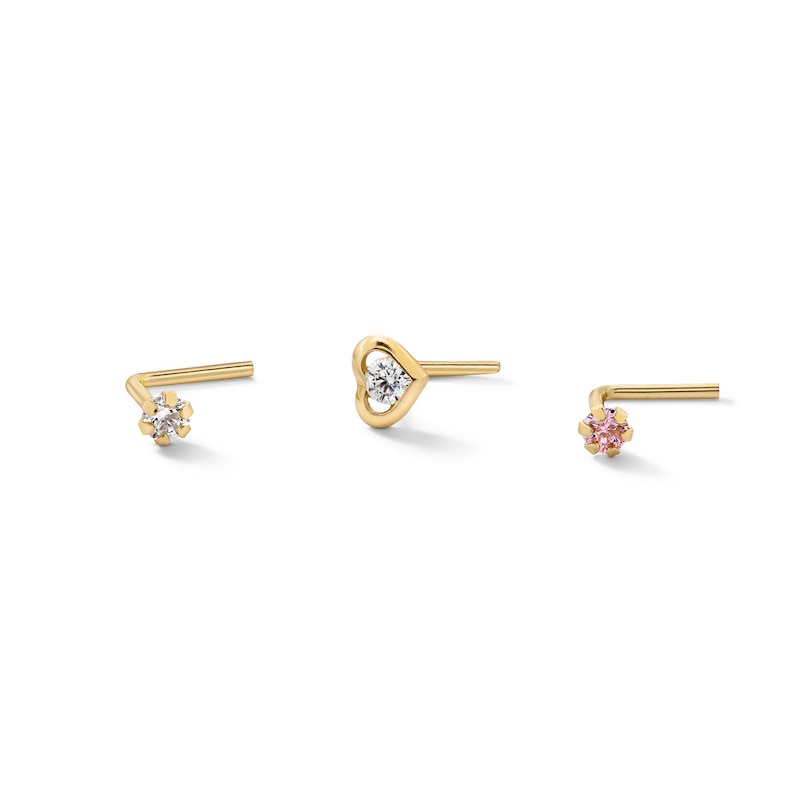 Main Image 1 of 14K Solid Gold CZ Three Piece Nose Stud Set - 22G 1/4&quot;
