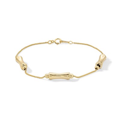 10K Solid Gold Bamboo Station Wheat Chain Bracelet - 7.5"