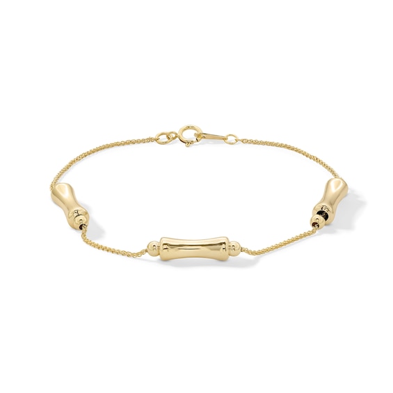 10K Solid Gold Bamboo Station Wheat Chain Bracelet - 7.5"