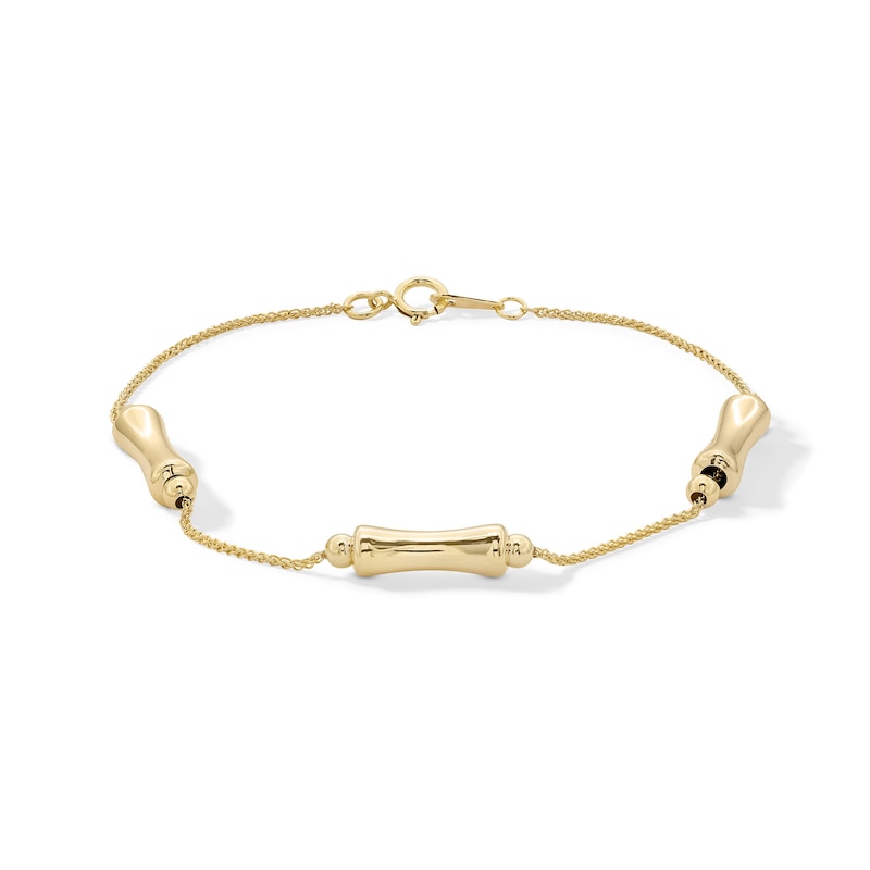 10K Solid Gold Bamboo Station Wheat Chain Bracelet - 7.5"