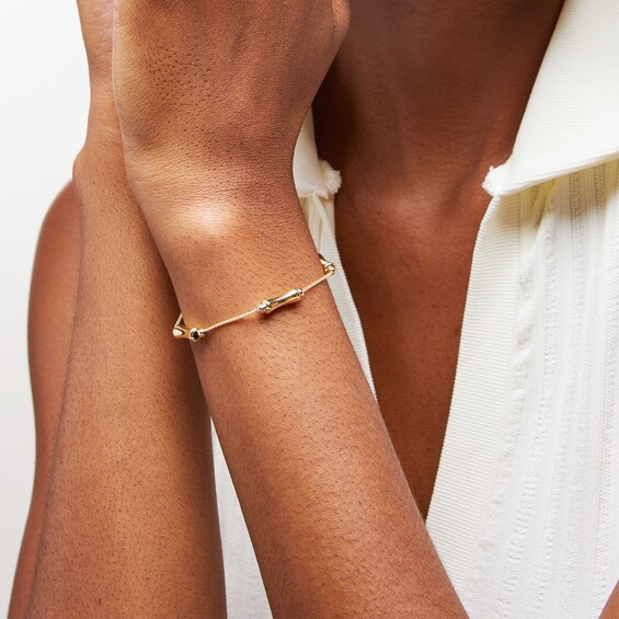 10K Solid Gold Bamboo Station Wheat Chain Bracelet - 7.5"