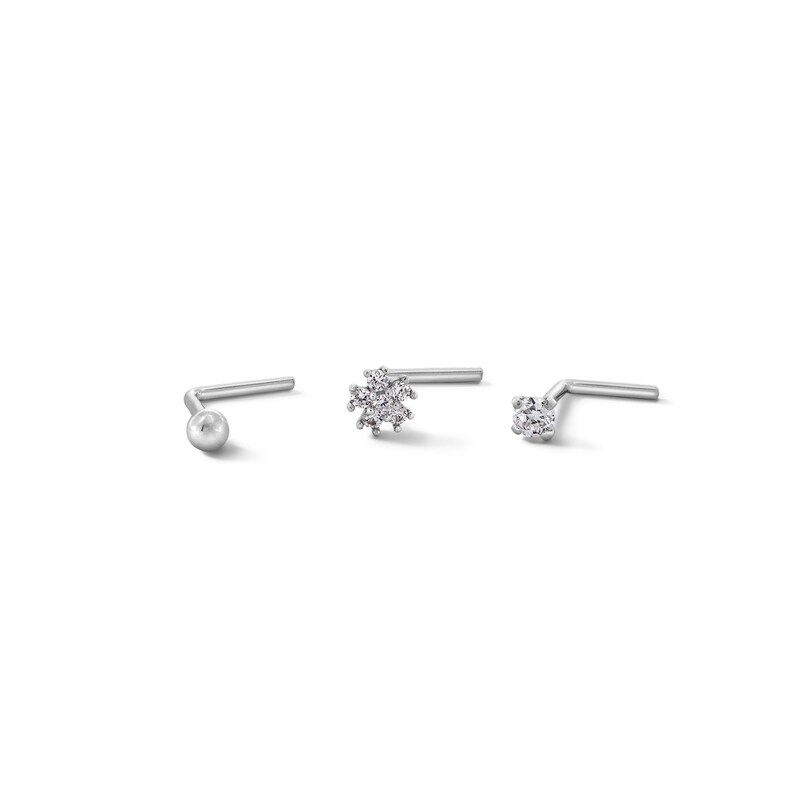 Main Image 1 of 14K Semi-Solid, Hollow, and Solid White Gold CZ Three Nose Stud Set - 22G