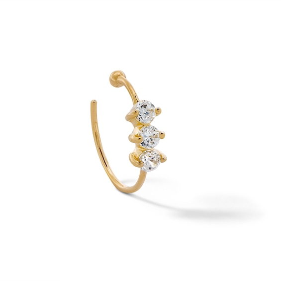 14K Solid Gold CZ Three Stone Nose Hoop - 24G 5/16"