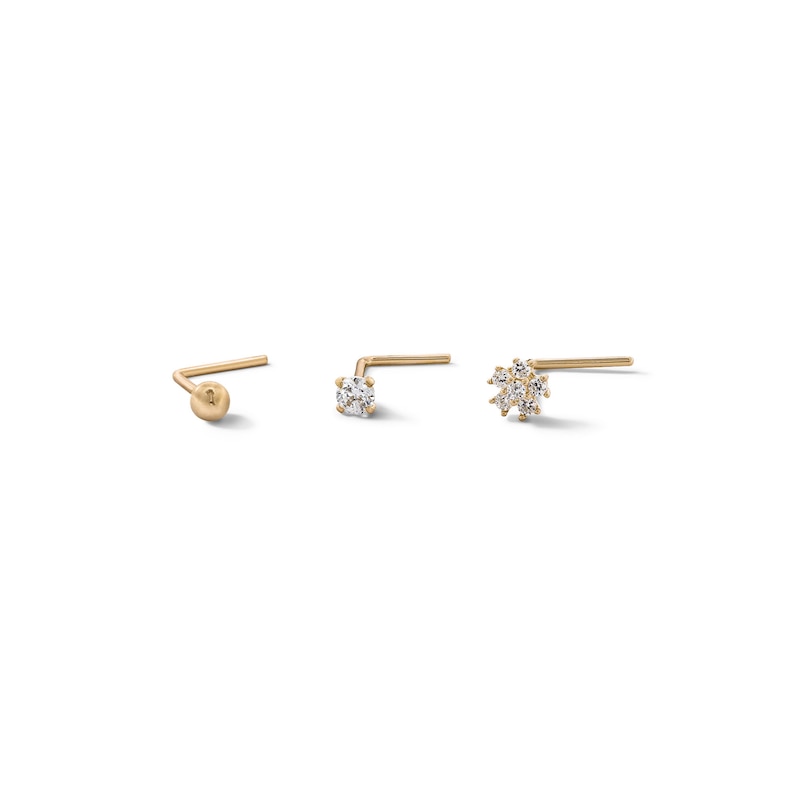 Main Image 1 of 14K Semi-Solid, Hollow, and Solid Gold CZ Three Nose Stud Set - 24G