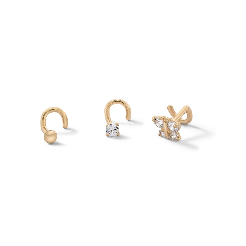 Main Image 1 of 14K Semi-Solid, Hollow, and Solid Gold CZ Nose Stud Set - 20G