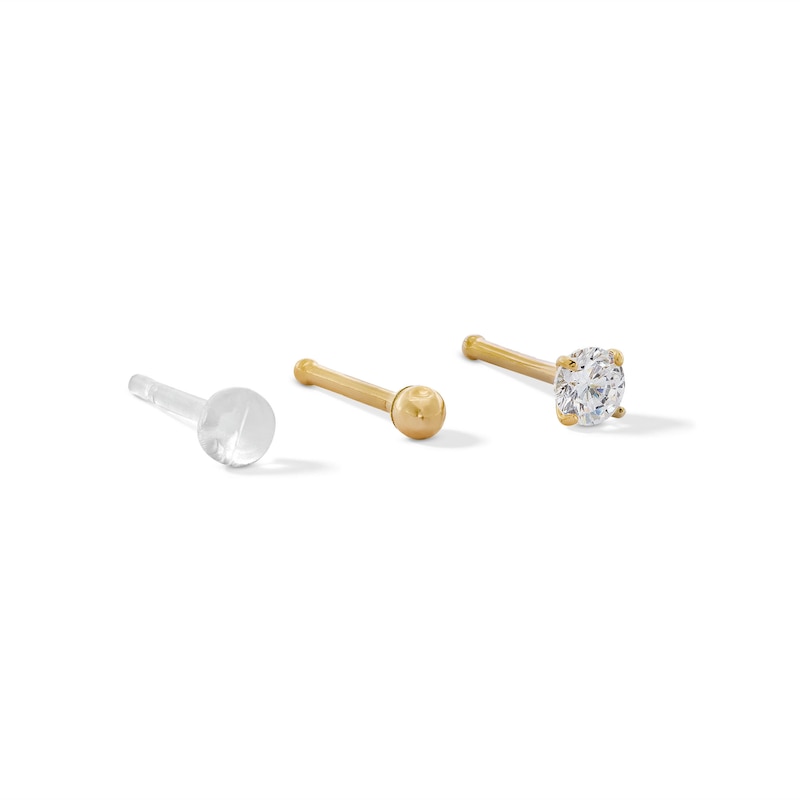 Main Image 1 of 14K Hollow and Semi-Solid Gold CZ Nose Stud Set - 20G