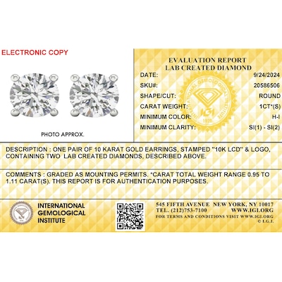 10K Solid White Gold CT. T.W. Lab-Grown Diamond Studs