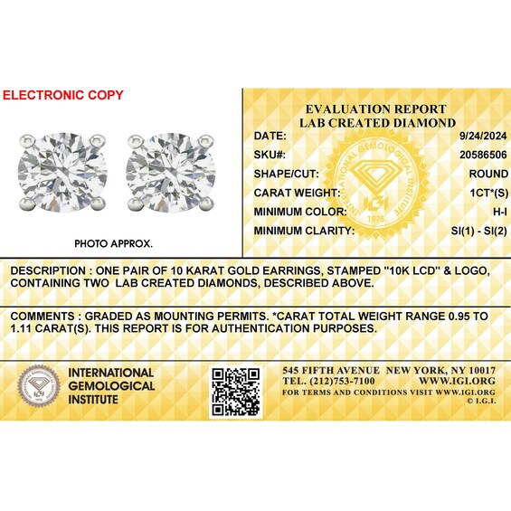 10K Solid White Gold CT. T.W. Lab-Grown Diamond Studs