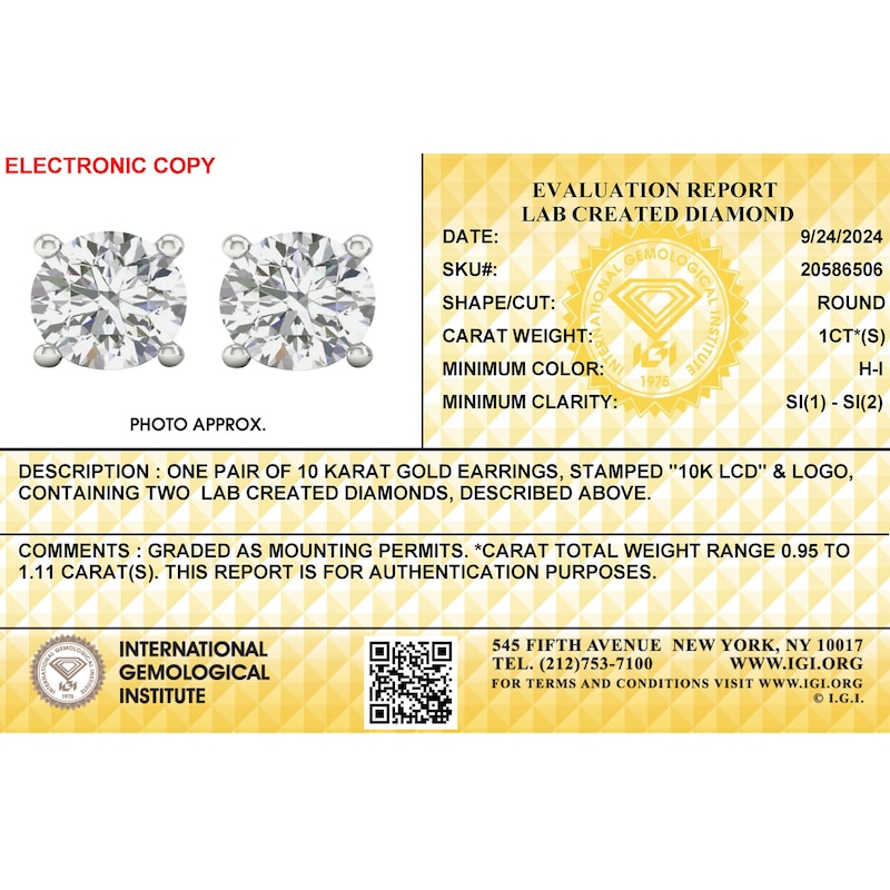 Main Image 2 of 10K Solid White Gold 1 CT. T.W. Lab-Grown Diamond Studs