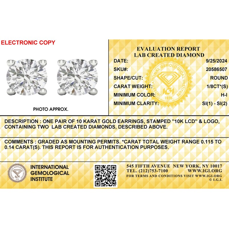 Main Image 2 of 10K Solid White Gold 1/4 CT. T.W. Lab-Grown Diamond Studs