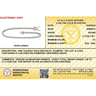 10K Solid White Gold CT. T.W. Lab-Grown Diamond Tennis Bracelet