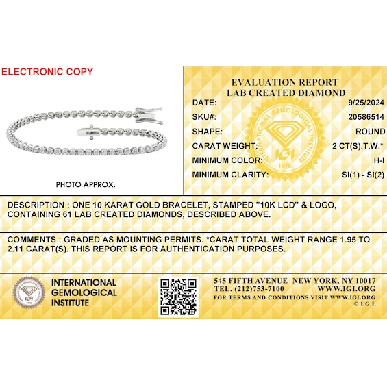 10K Solid White Gold CT. T.W. Lab-Grown Diamond Tennis Bracelet