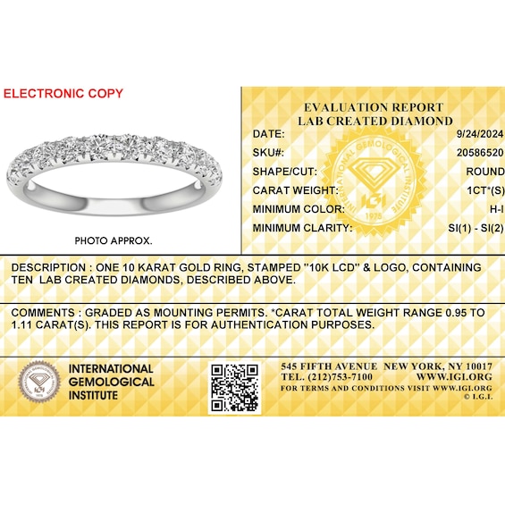 10K White Gold 1 CT. T.W. Lab-Grown Diamond Anniversary Band