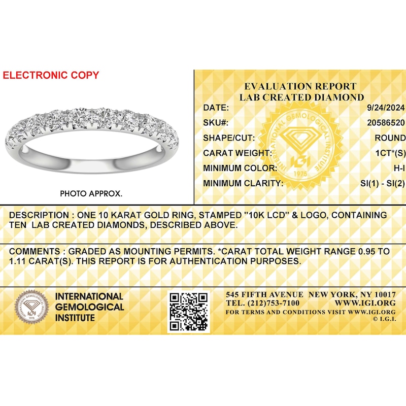 Main Image 3 of 10K White Gold 1 CT. T.W. Lab-Grown Diamond Anniversary Band