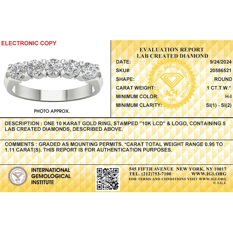 Main Image 3 of ​​​​​​​​​​​​​​10K Solid White Gold 1 CT. T.W. Lab-Grown Diamond Five Stone Ring