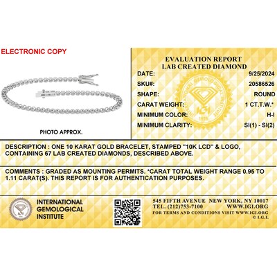10K Solid White Gold 1 CT. T.W. Lab-Grown Diamond Tennis Bracelet - 7"