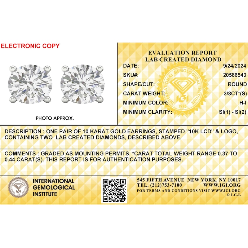 Main Image 2 of 10K Solid White Gold 3/4 CT. T.W. Lab-Grown Diamond Studs