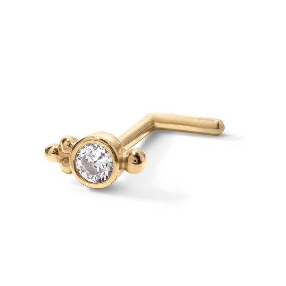 14K Gold CZ Round Bezel L-Shape Nose Stud - 18G 5/16"
