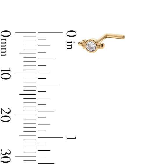 14K Gold CZ Round Bezel L-Shape Nose Stud - 18G 5/16"